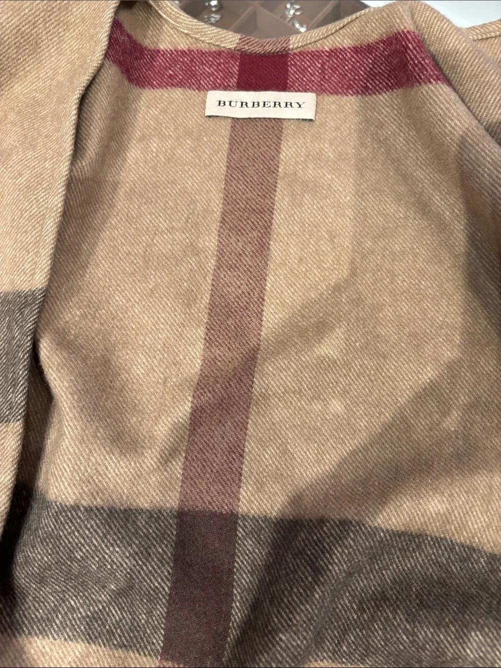 Burberry Camel Plaid Fringe Wrap with Burgundy Stripe